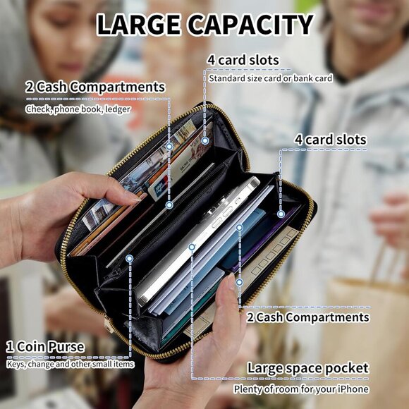 Women's RFID Blocking Leather Wallet with Wristlet Large Capacity Pink Cherry - Picture 4 of 7